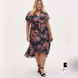TORRID Faux Wrap Dress - Swiss Dot Floral Dark Grey